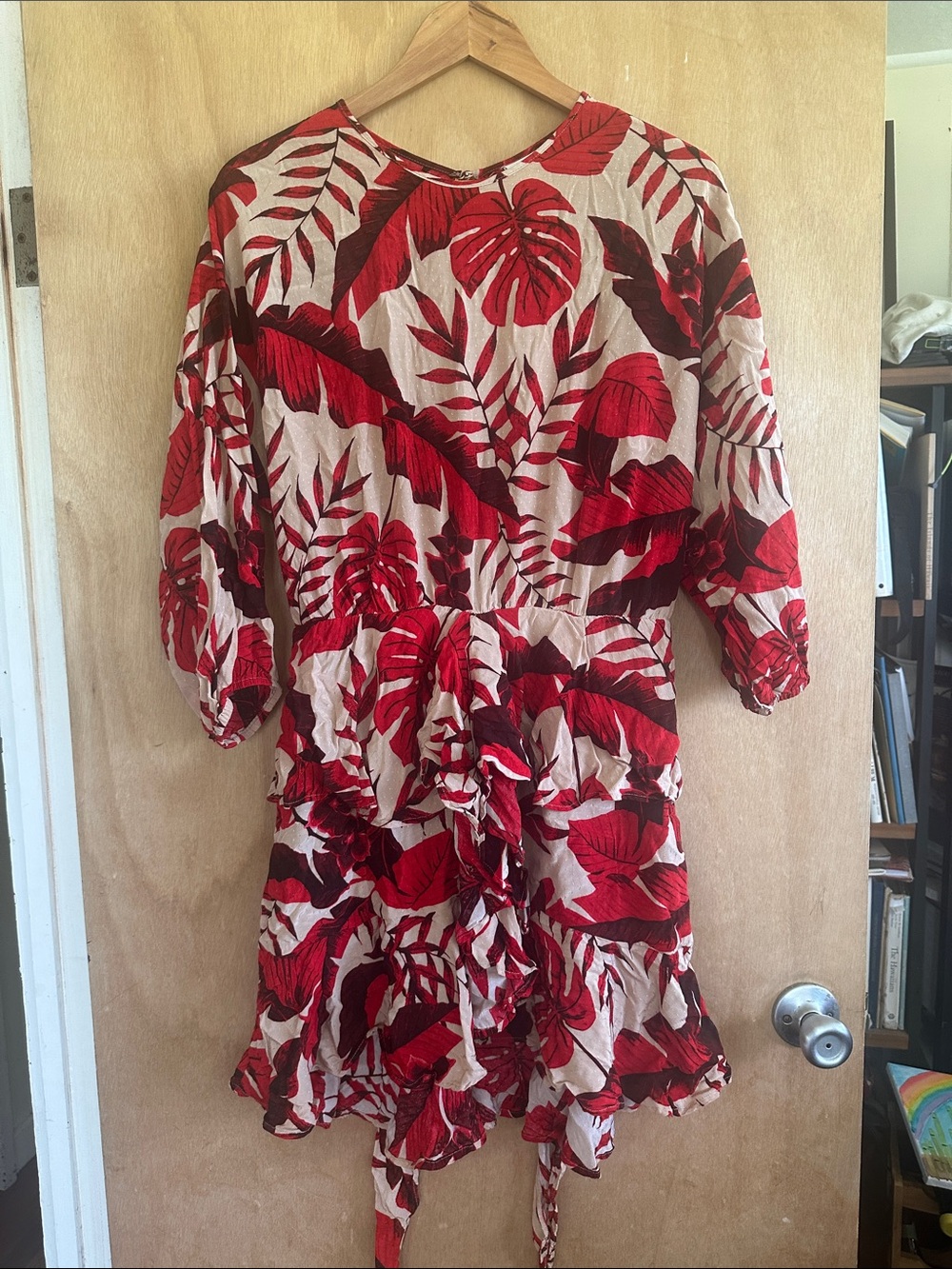Johanna Ortiz Red and Cream Tropical-Print Long Sleeve Tie-Waist Dress